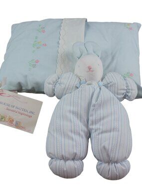 House of Hatten Bunny Plush Pillow Blue Baby Girls Set Daisy Lace NEW FLAW